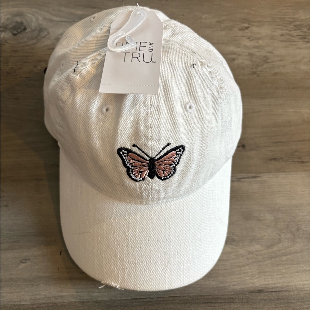 Time and Tru White Cap with Butterfly Embroidery